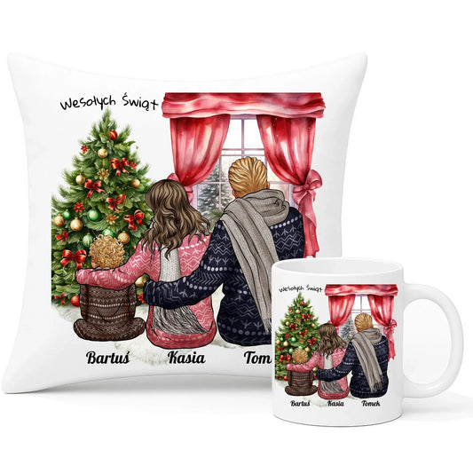 Świąteczna rodzina | Personalizowany zestaw poduszka i kubek na święta R01 - StoryCups.pl