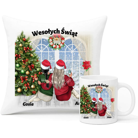 Prezent na Święta dla przyjaciółki 2-4 osoby | Personalizowany zestaw poduszka i kubek P05 - StoryCups.pl