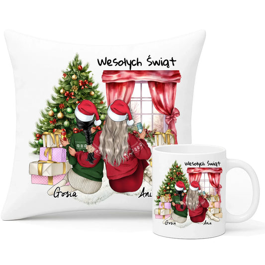 Personalizowane przyjaciółki Święta | Świąteczny zestaw poduszka i kubek dla przyjaciółki P06 - StoryCups.pl