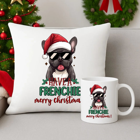 Buldog francuski | Świąteczny zestaw poduszka i kubek BN109 - StoryCups.pl