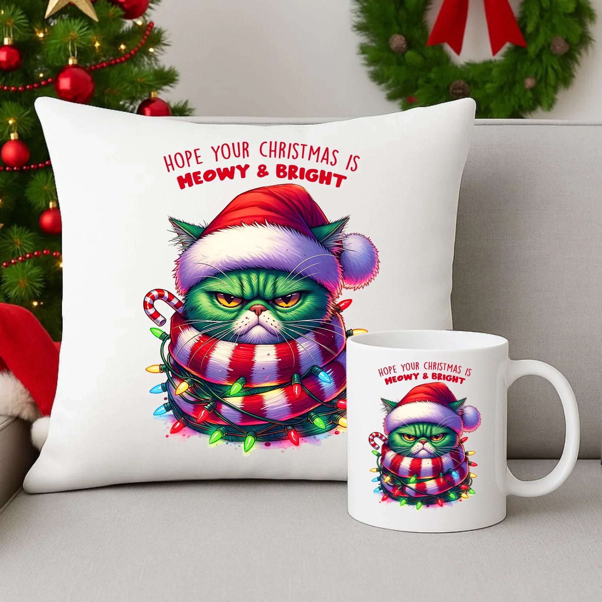 Meowy & Bright | Świąteczny zestaw poduszka i kubek BN101 - StoryCups.pl