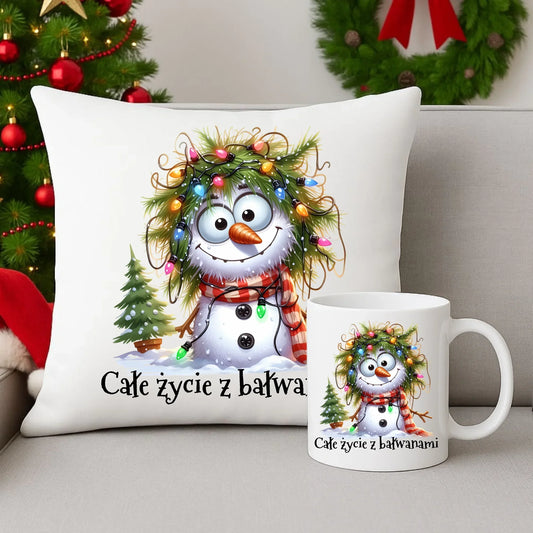 Całe życie z bałwanami | Świąteczny zestaw poduszka i kubek BN125 - StoryCups.pl