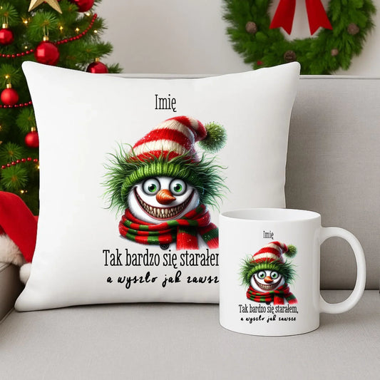 Tak bardzo się starałem | Spersonalizowany świąteczny zestaw poduszka i kubek z imieniem BN120 - StoryCups.pl