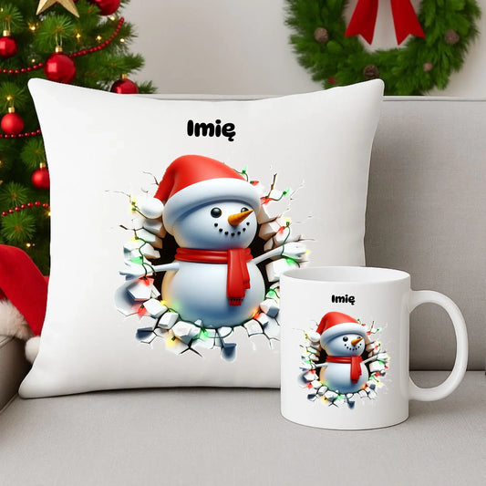 Bałwanek 3D | Personalizowany zestaw świąteczny poduszka i kubek BN82 - StoryCups.pl