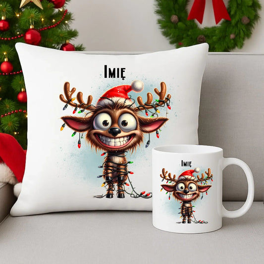 Renifer | Personalizowany zestaw świąteczny poduszka i kubek BN93 - StoryCups.pl