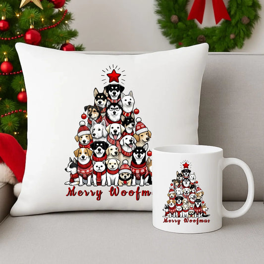 Merry woofmas | Świąteczny zestaw poduszka i kubek BN90 - StoryCups.pl