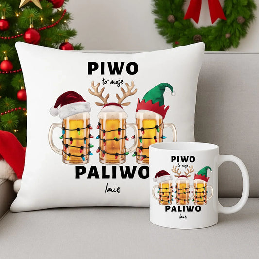 Piwo to moje paliwo | Personalizowany świąteczny zestaw poduszka i kubek BN119 - StoryCups.pl