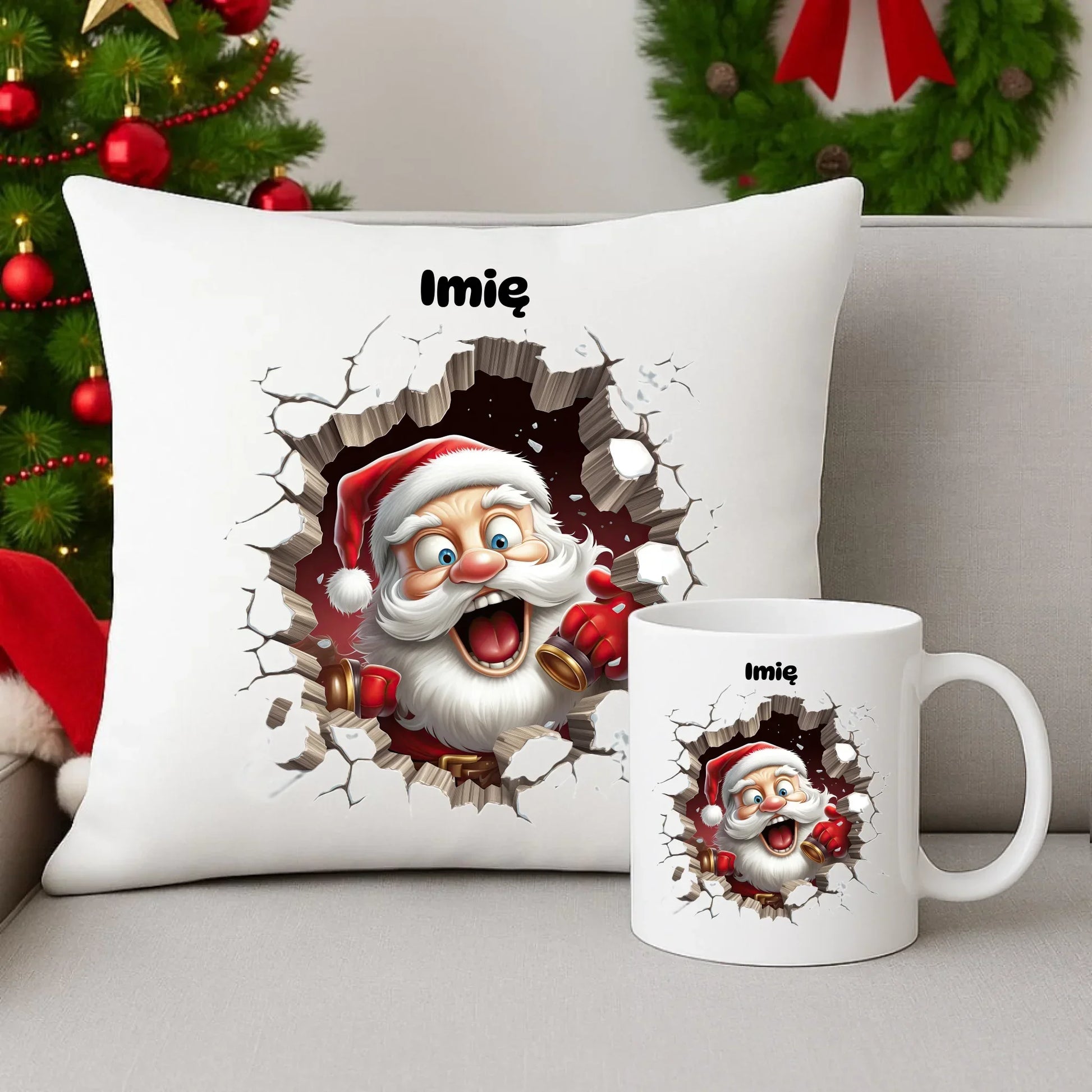 Mikołajek 3D | Personalizowany zestaw świąteczny poduszka i kubek BN85 - StoryCups.pl