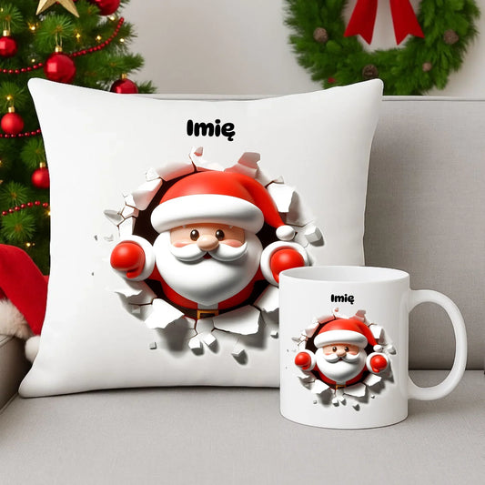 Mikołaj 3D | Personalizowany zestaw świąteczny poduszka i kubek BN80 - StoryCups.pl