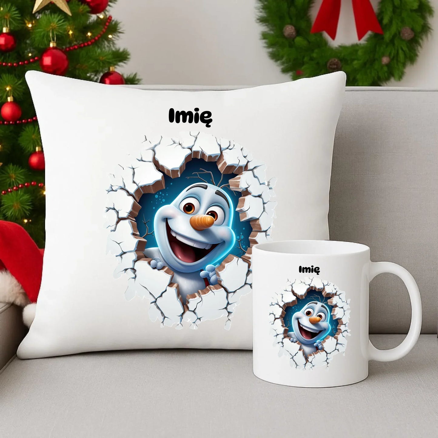 Bałwan 3D | Personalizowany zestaw świąteczny poduszka i kubek BN84 - StoryCups.pl