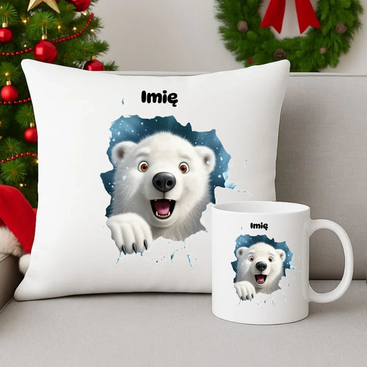 Miś polarny 3D | Personalizowany zestaw świąteczny poduszka i kubek BN86 - StoryCups.pl