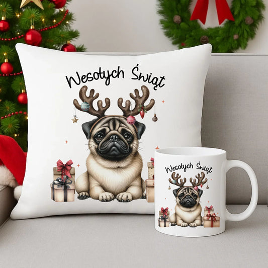 Mops Wesołych Świąt | Świąteczny zestaw poduszka i kubek BN91 - StoryCups.pl