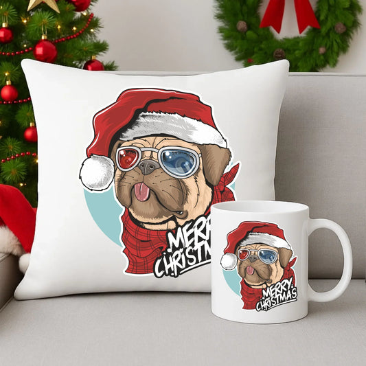 Merry Christmas | Świąteczny zestaw poduszka i kubek z mopsem BN62 - StoryCups.pl