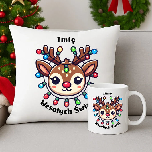 Renifer Wesołych Świąt | Personalizowany zestaw świąteczny poduszka i kubek BN72 - StoryCups.pl