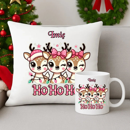 Ho ho ho reniferki | Świąteczny zestaw poduszka i kubek z imieniem BN49 - StoryCups.pl