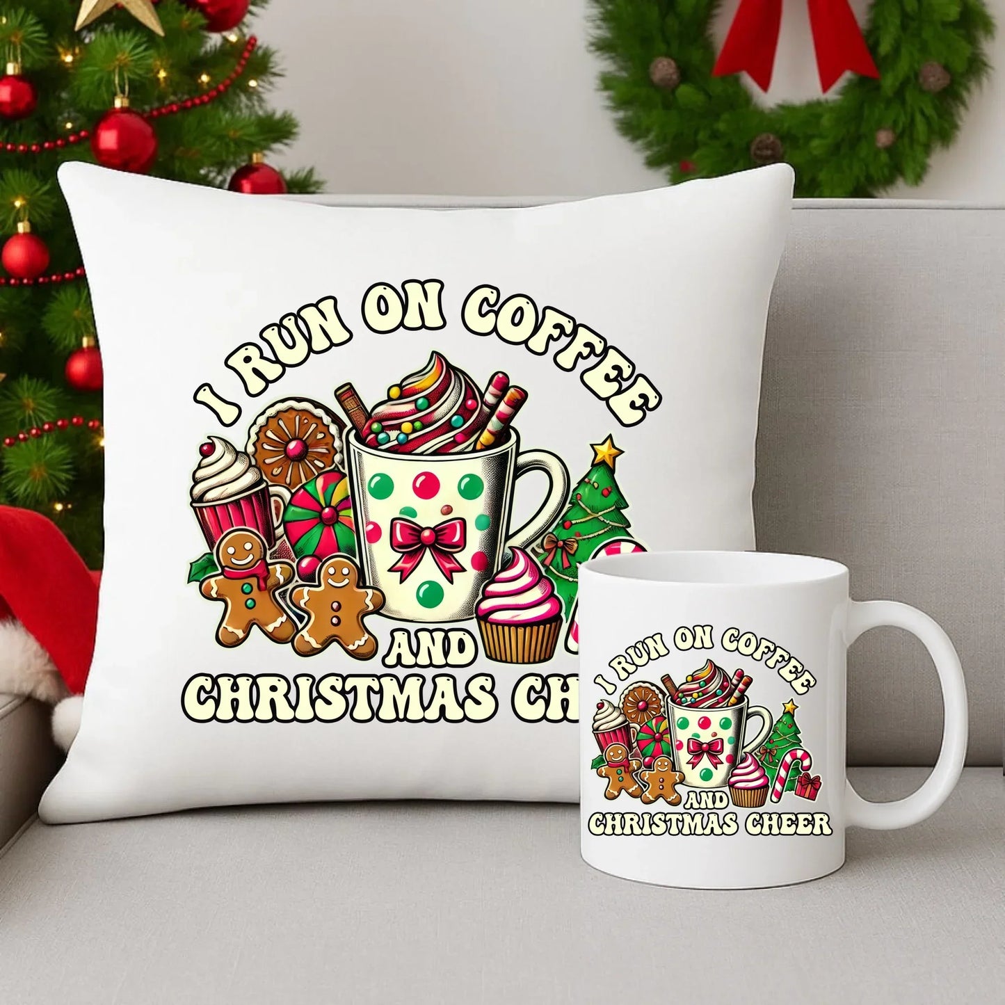 I run on coffee | Świąteczny zestaw poduszka i kubek BN47 - StoryCups.pl