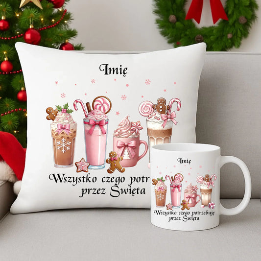 Wszystko czego potrzebuję przez Święta | Zestaw poduszka i kubek na święta BN46 - StoryCups.pl