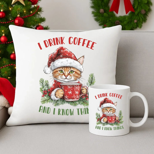 I drink coffee and I know things | Świąteczny zestaw poduszka i kubek BN39 - StoryCups.pl
