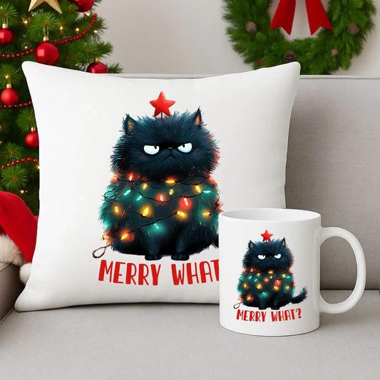 Merry what? | Świąteczny zestaw poduszka i kubek BN37 - StoryCups.pl