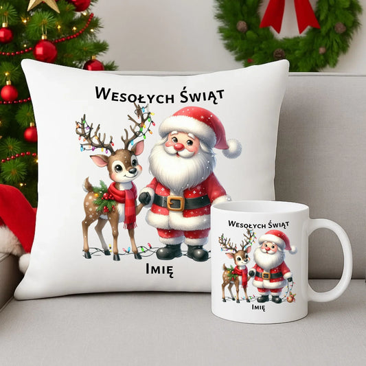 Mikołaj i renifer | Personalizowany świąteczny zestaw poduszka i kubek BN09 - StoryCups.pl