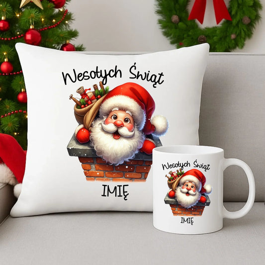 Mikołaj | Świąteczny zestaw poduszka i kubek z imieniem BN08 - StoryCups.pl