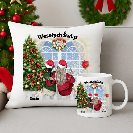 Prezent na Święta dla przyjaciółki 2-4 osoby | Personalizowany zestaw poduszka i kubek P05 - StoryCups.pl
