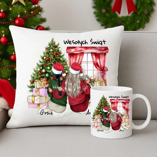 Personalizowane przyjaciółki Święta | Świąteczny zestaw poduszka i kubek dla przyjaciółki P06 - StoryCups.pl