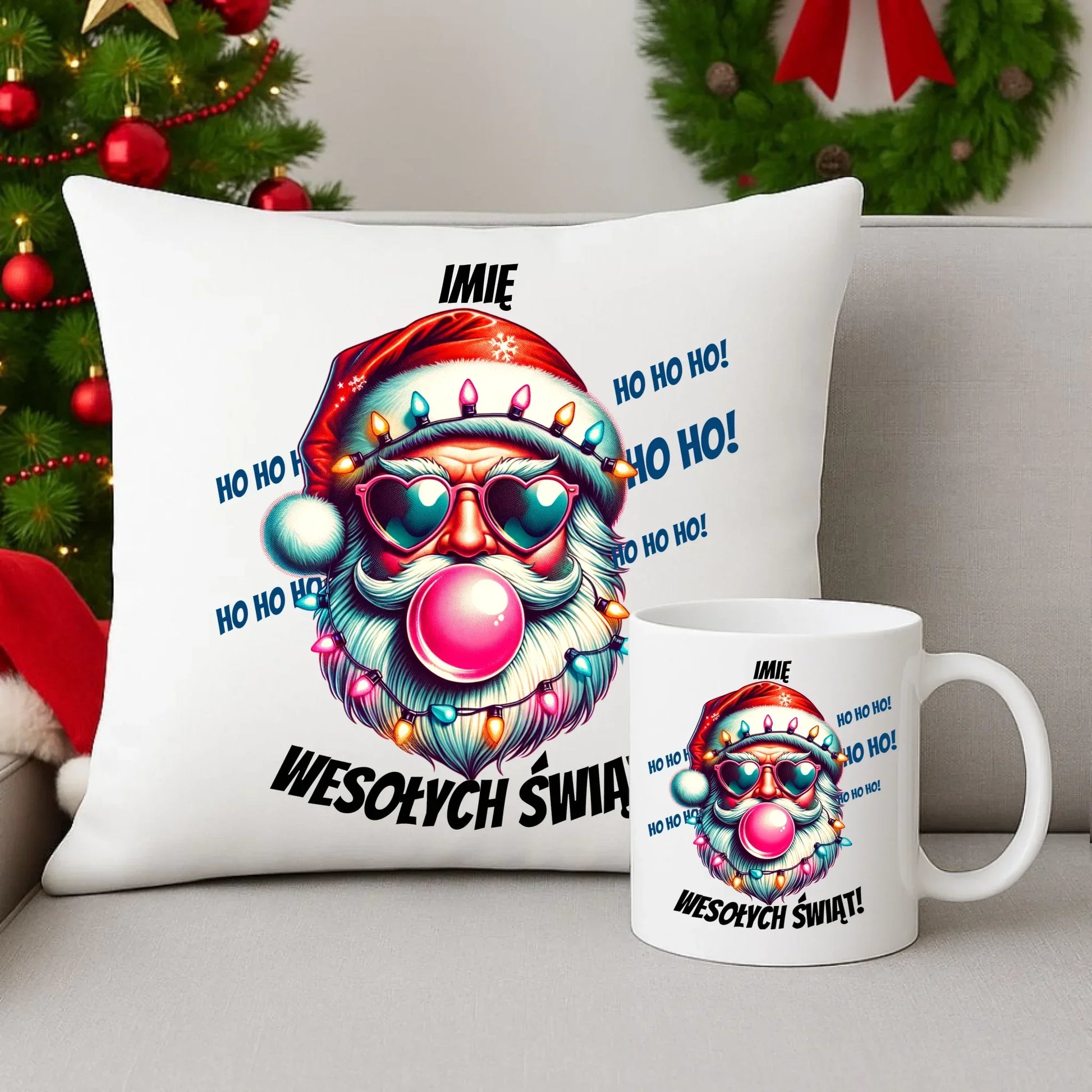 Mikołaj | Świąteczny zestaw poduszka i kubek z imieniem na Mikołajki BN17 - StoryCups.pl