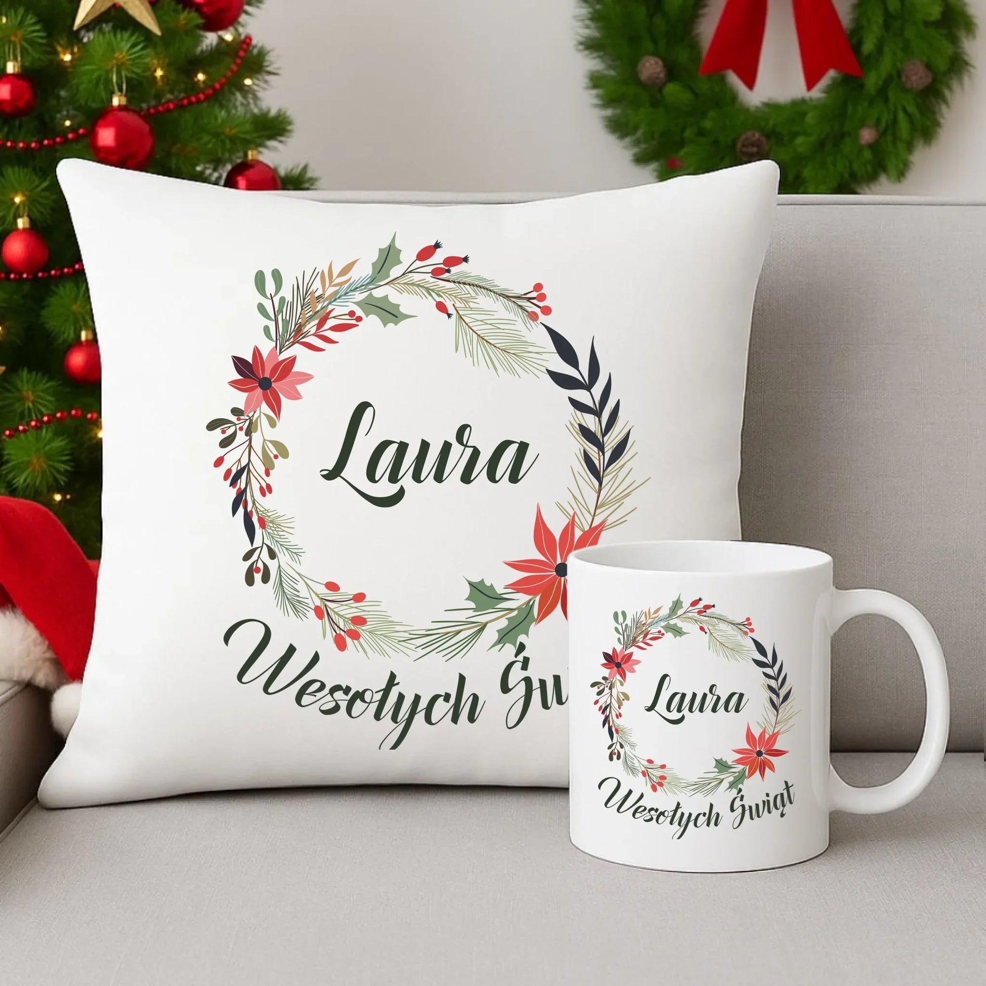 Wesołych Świąt | Personalizowany zestaw poduszka i kubek na święta BN19 - StoryCups.pl