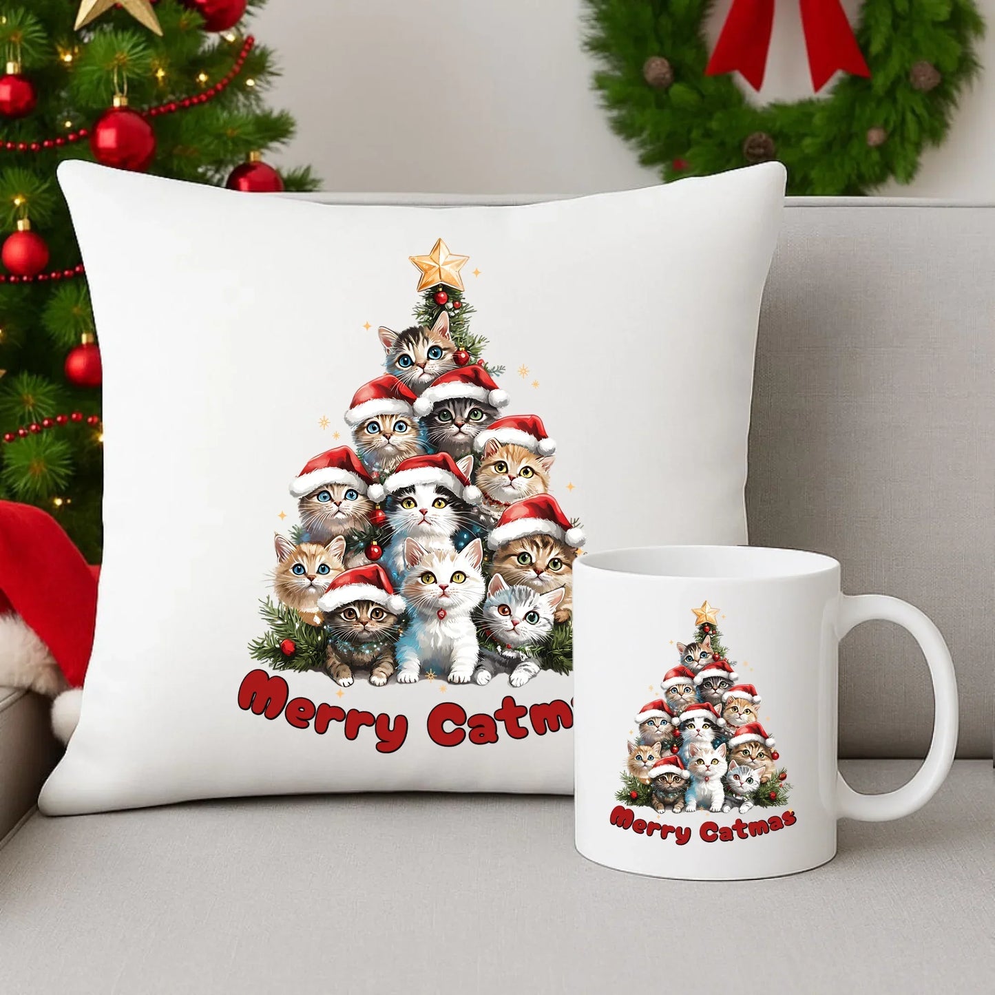 Merry Catmas | Świąteczny zestaw poduszka i kubek BN20 - StoryCups.pl