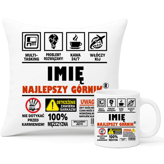 Zestaw poduszka i kubek - prezent dla górnika - Najlepszy górnik 24/7 - personalizowany G11 - StoryCups.pl