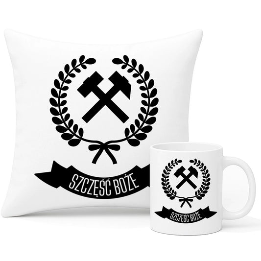 Zestaw poduszka i kubek - prezent dla górnika - Szczęść Boże G02 - StoryCups.pl