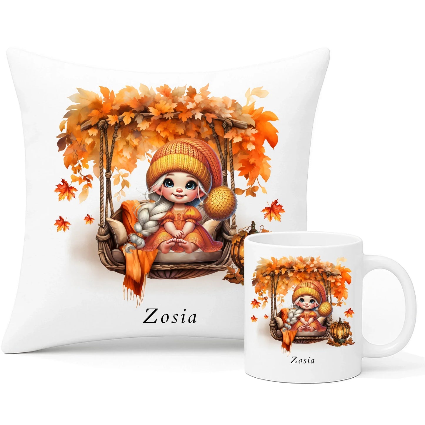 Cute autumn girl | Personalizowany zestaw poduszka i kubek jesienny dla dziewczynki JS17 - StoryCups.pl
