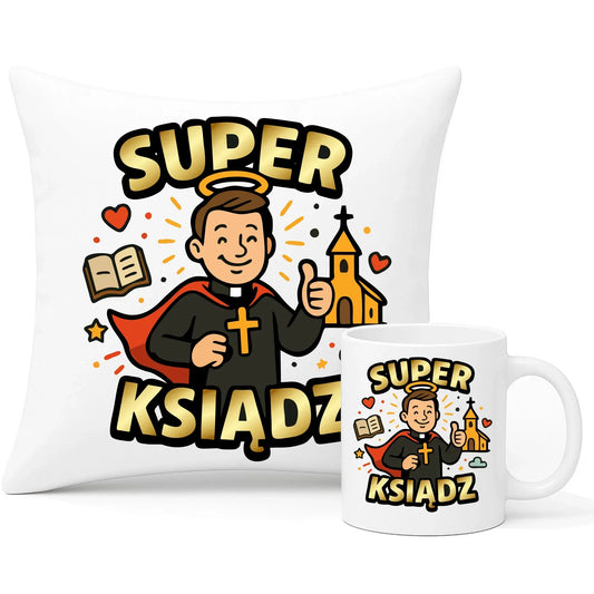 Super ksiądz | Zestaw poduszka i kubek prezent dla księdza N37 - StoryCups.pl
