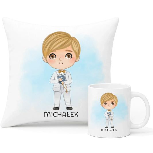 Zestaw poduszka i kubek Pierwsza Komunia Święta dla chłopca personalizacja cytat PK05 - StoryCups.pl