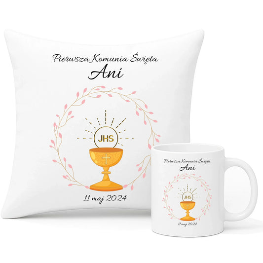 Zestaw poduszka i kubek pamiątka Pierwszej Komunii dla dziewczynki personalizacja PK02 - StoryCups.pl