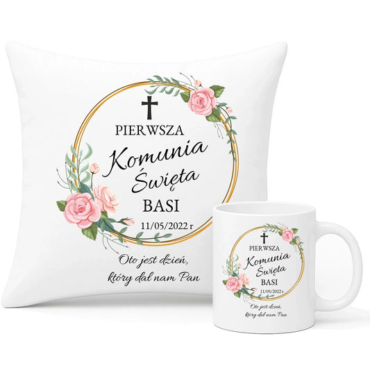 Zestaw poduszka i kubek Pierwsza Komunia Święta dla dziewczynki personalizacja PK03 - StoryCups.pl