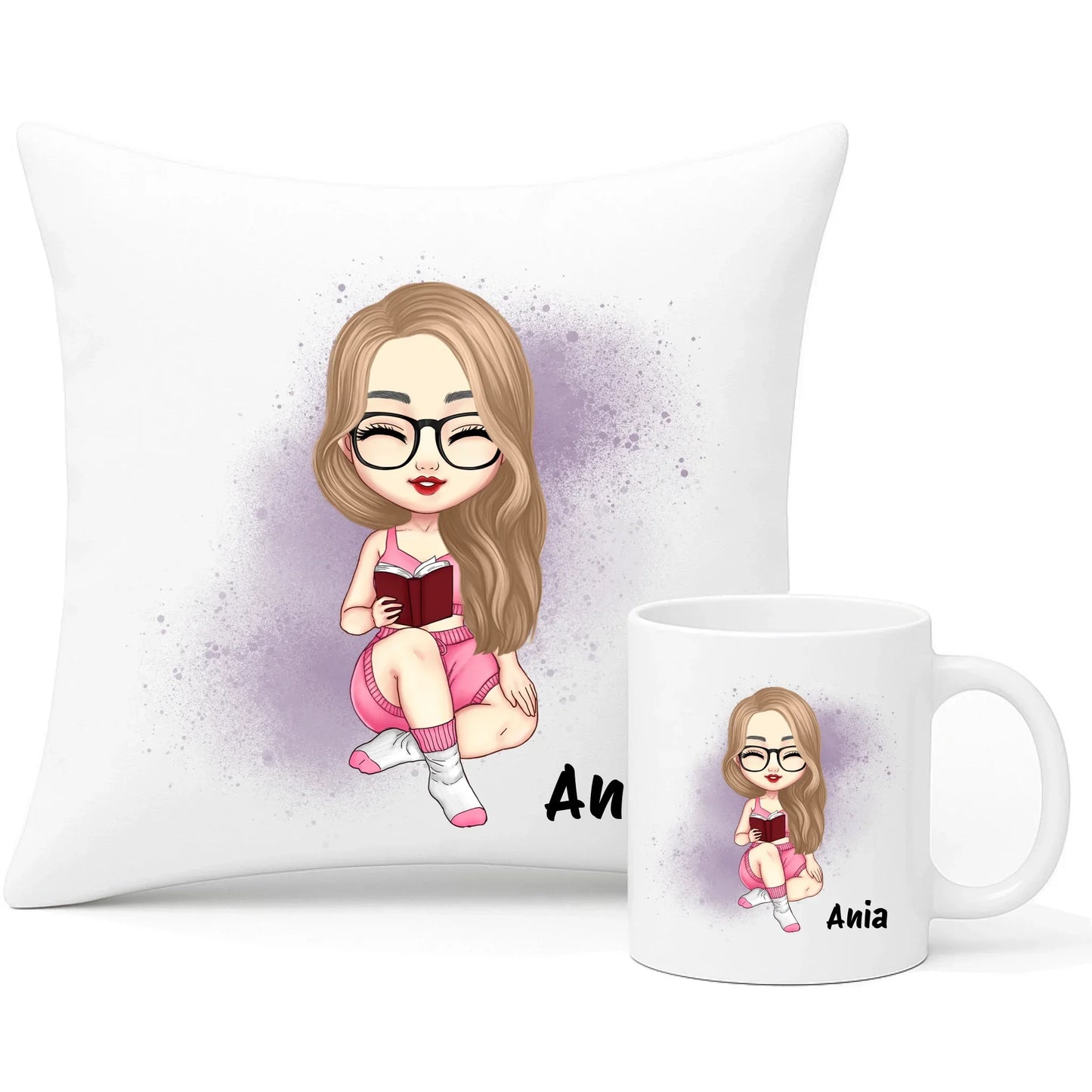 Zestaw poduszka i kubek dla miłośniczki książek personalizowana postać imię DZ04 - StoryCups.pl