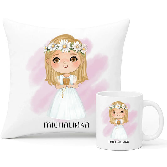 Zestaw poduszka i kubek Pierwsza Komunia Święta dla dziewczynki personalizacja cytat PK04 - StoryCups.pl
