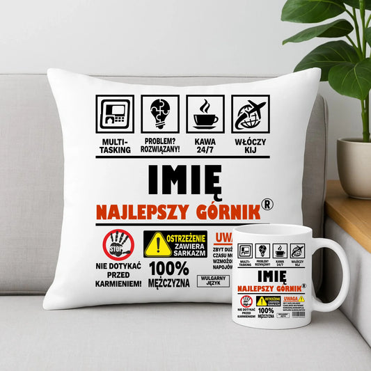 Zestaw poduszka i kubek - prezent dla górnika - Najlepszy górnik 24/7 - personalizowany G11 - StoryCups.pl
