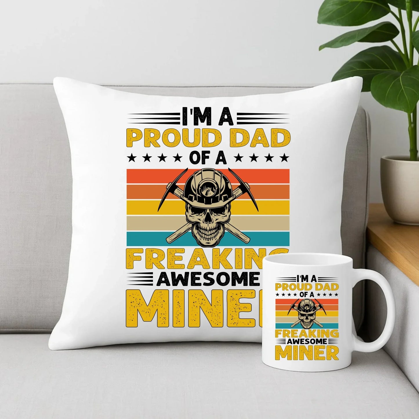 I'm a proud dad of a freaking awesome miner | Zestaw poduszka i kubek prezent dla górnika G10 - StoryCups.pl