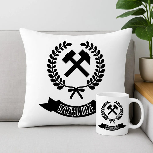 Zestaw poduszka i kubek - prezent dla górnika - Szczęść Boże G02 - StoryCups.pl