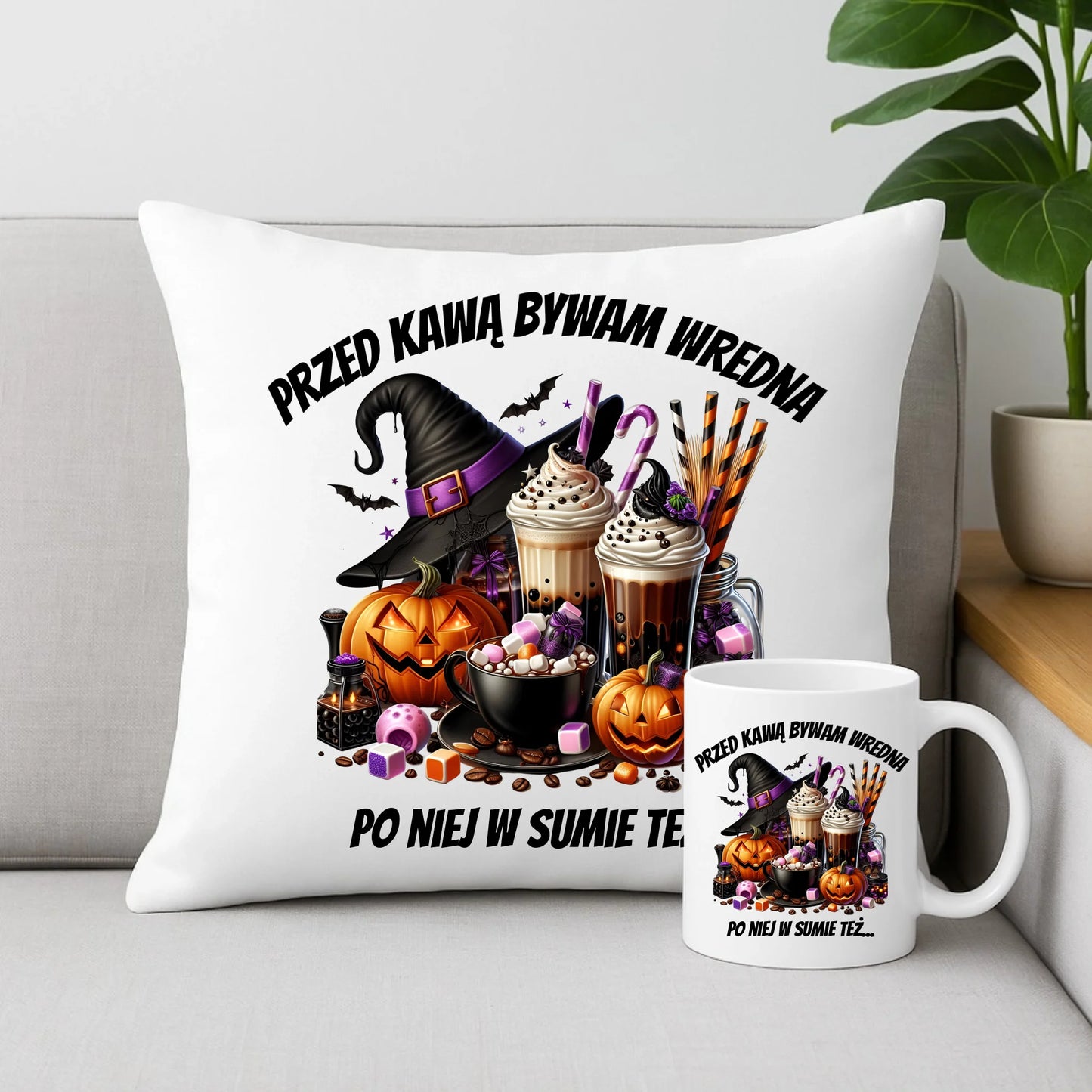 Zestaw poduszka i kubek Halloween – Przed kawą bywam wredna, po niej w sumie też HL30 - StoryCups.pl