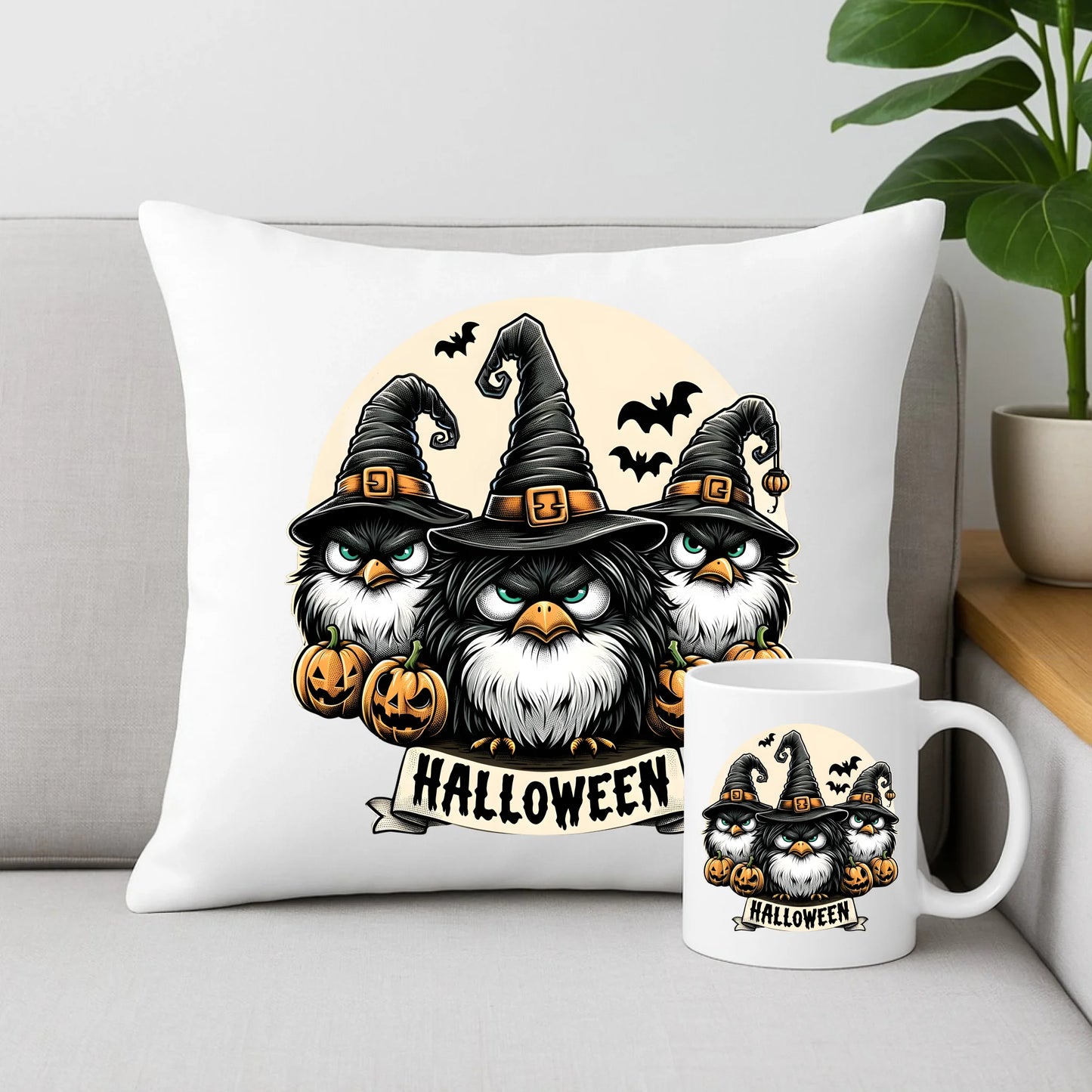 Zestaw poduszka i kubek na Halloween - Upiorne sowy wiedźmy HL15 - StoryCups.pl