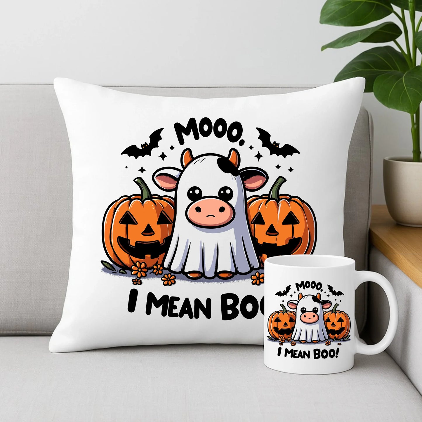 Zestaw poduszka i kubek na Halloween na Halloween - Mooo I mean Boo! - z dynią i duchem HL14 - StoryCups.pl