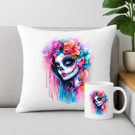 Zestaw poduszka i kubek Halloween - kolorowa czaszka z kwiatami La Muerte HL05 - StoryCups.pl