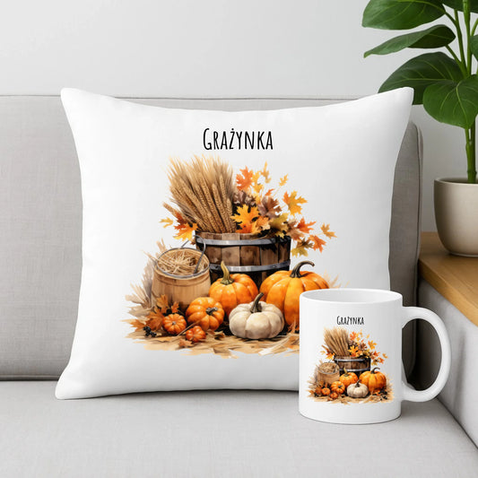 Zestaw poduszka i kubek na jesień - Harvest vibes - personalizowany JS09 - StoryCups.pl