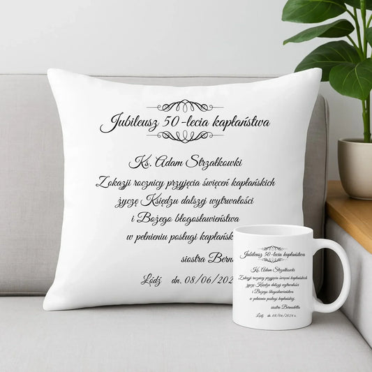 Zestaw poduszka i kubek dla księdza JUBILEUSZ ŚWIĘCEŃ KAPŁAŃSKICH DU07 - StoryCups.pl