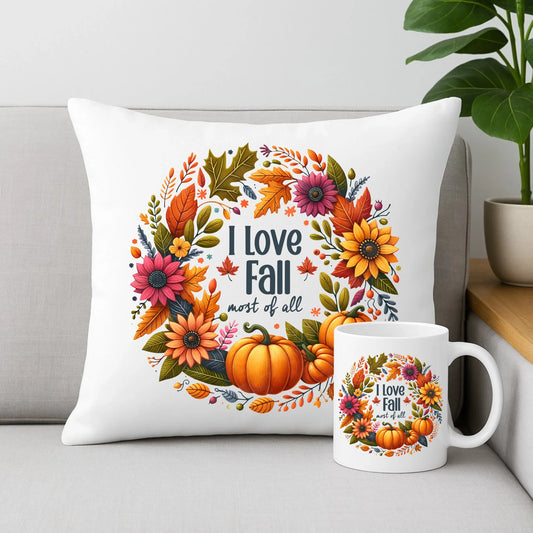 Zestaw poduszka i kubek jesienny - Kocham jesień - dynia z liśćmi JS03 - StoryCups.pl