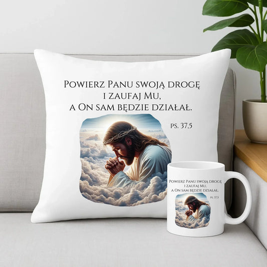 Zestaw poduszka i kubek chrześcijański POWIERZ PANU SWOJĄ DROGĘ DU06 - StoryCups.pl